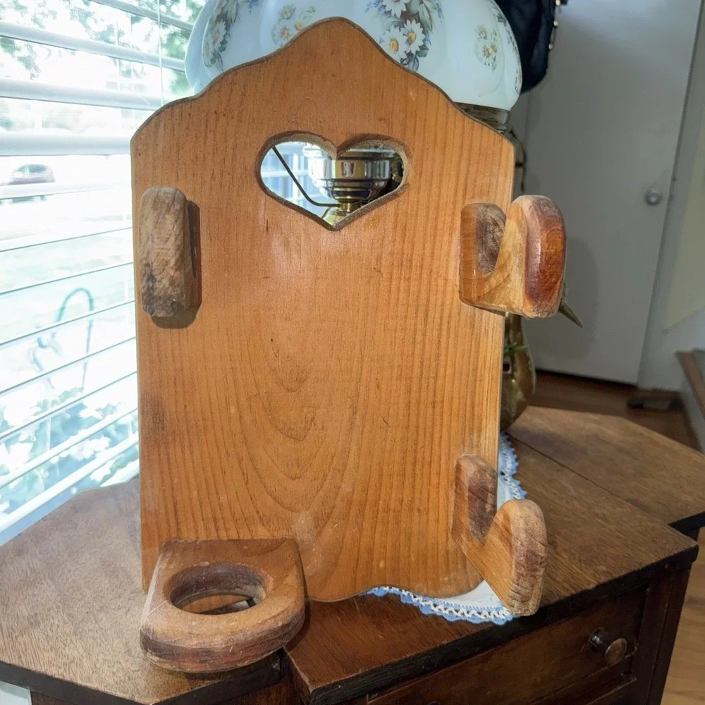 Vintage Wooden Wall Mount Hair Dryer Holder Curling Iron Organizer Heart Decor